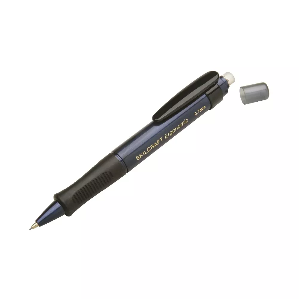 SKILCRAFT Ergonomic Mechanical Pencil, Medium Point, Blue Barrel, 6/Box, 1 Box